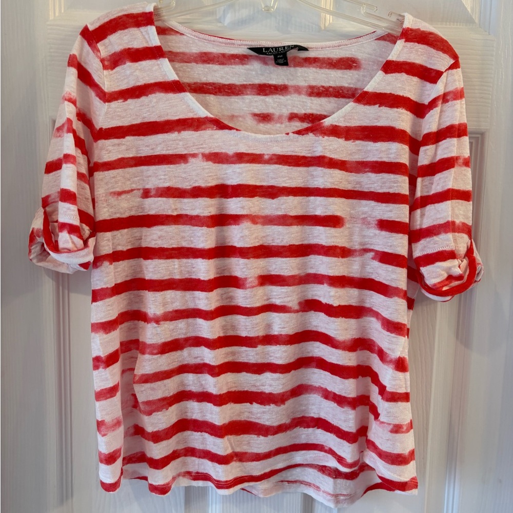 LAUREN Ralph Lauren Fuchsia Pink & White Striped V-Neck Top. Sz petite medium